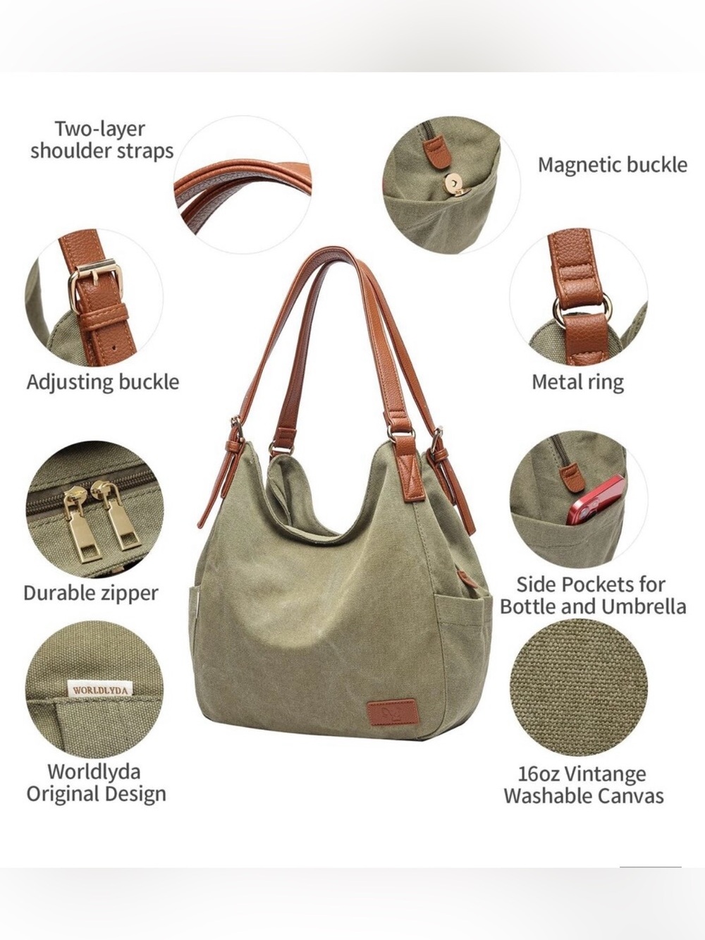 Worldlyda Army Green Canvas Multi-Pocket Hobo Shoulder Bag.